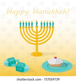 Banner Happy hanukkah with candlestick with candles, cakes and dreidel. Vector illustration.