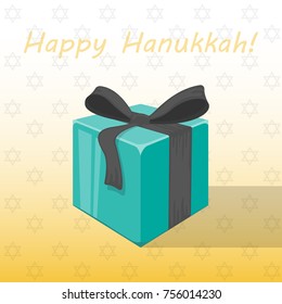 Banner of happy Hanukkah with decor of a gift box. Vector illustration.