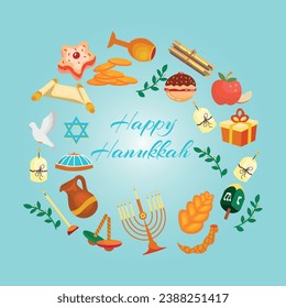 Banner for Happy Hanukkah on light blue background