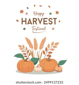 Banner Happy Harvest 2024 festlich. Bunte Kürbisse und Weizen bei einem Erntefest