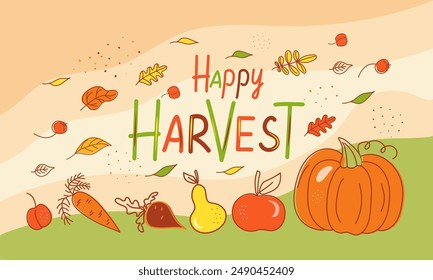 Banner with Happy Harvest inscription, natural background with flying leaves. Set of autumn leaves, vegetables and fruits icons. Text. Harvest Festival. Drawings, doodles. 