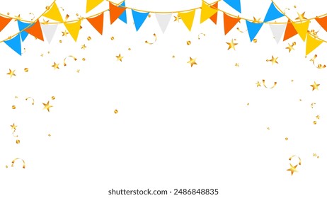 Banner Happy holiday party, event, festival paper flags hanging and gold star confetti