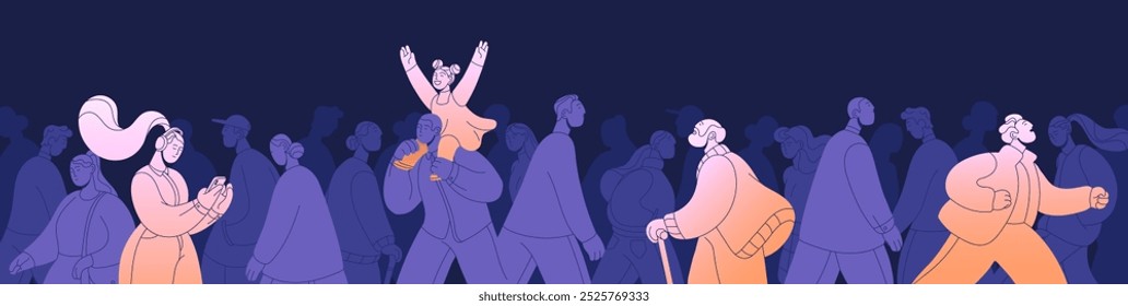 Banner with happy inspired people vs. sad crowd. Excited optimists, positive, outstanding characters with high energy, passion to life. Optimism, extraordinary concept. Flat vector illustration