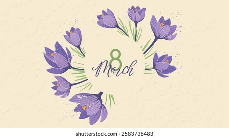 Banner Happy International Women's Day, March 8. Horizontal Background With spring purple first flowers, crocuses. Vector