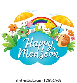 Banner Of Happy Monsoon With Cartoon Character, Animals And Nature, Rainy Day, Season, Raindrop, Soaked 