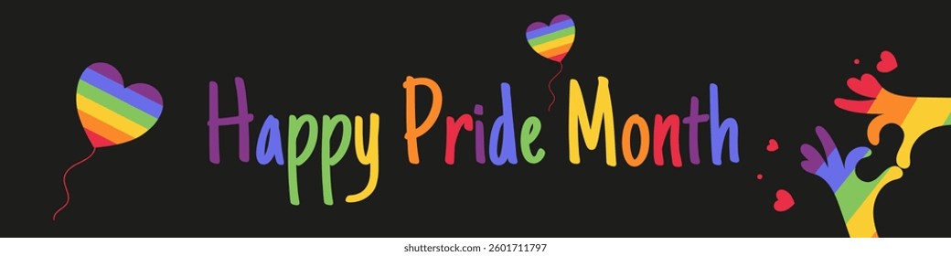 Banner of Happy Month of Pride,Hands,heart,text.Vector