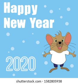 Banner Happy New Year 2020 With Funny Mouse On The Blue Background. Funny and happy new year mice in vector. Symbol 2020 new year. New year card. Doodle.