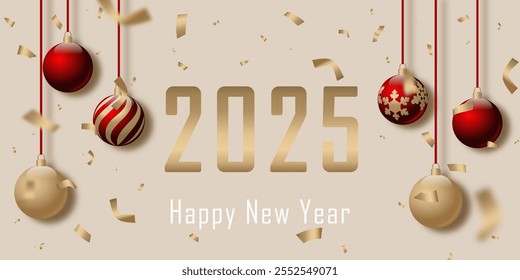 banner with a happy new year 2025. Elegant vector illustration with numbers, red and golden christmas balls and gold confetti on a light gradient backdrop. template for card, poster, greeting, flyer