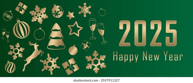 banner happy new year 2025. template design for card, flyer, background with stars, balls, snowflakes, champagne, gift boxes. vector illustration for poster, greeting en luxury green and gold tones