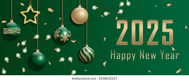 banner happy new year 2025. Elegant vector illustration with numbers, green and golden christmas balls and gold confetti on a gradient backdrop. template for card, poster, greeting, flyer, header web