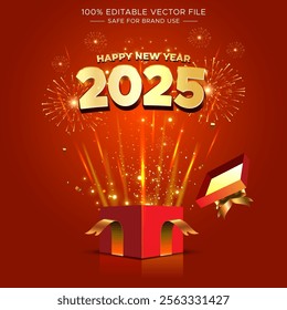 Banner for Happy New Year 2025 holiday with 3d open gift box and fireworks background. Wishes greeting card, surprise poster, offer, promotion template layout design.