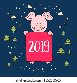 Banner happy new year greeting card. Cute pig cartoon. Vector isolated illustration.  Farm animal icon. Piggy symbol 2019.