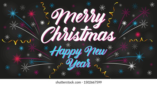 Banner Happy New Year and Merry Christmas. Festive fireworks. Poster, fly, card. Vector 