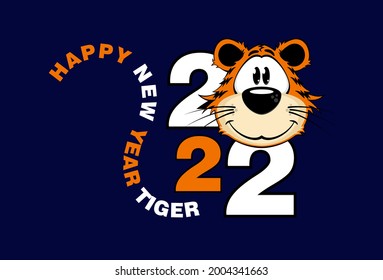 Banner Happy New Year tiger, symbol of the year 2022 on a blue background. Space for text, copy space 