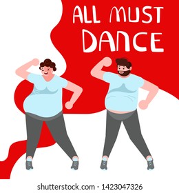 Banner happy size plus people dancing. All must dance dancing-party or studio poster. Flat Art Vector illustration