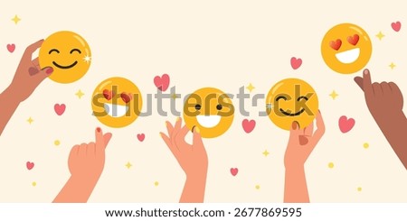 Banner of Happy smiley face, or positive attitude, emotional intelligence concept. Hand holding smiling face emoticon concept.