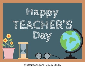 Banner for Happy Teacher's Day with flowers, hourglass, eyeglass