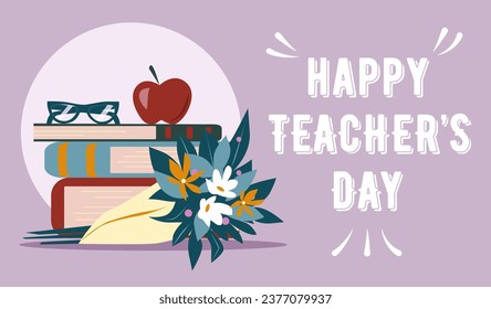 Banner Happy teachers day. This banner captures the essence of a school environment, various supplies such as books, chalkboards, and educational tools. Vector illustration.
