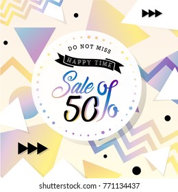 Banner happy time: super offer sale 50%.  Abstract geometric background with gradient.