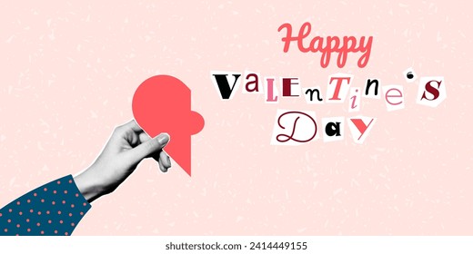 Banner Happy Valentine's Day lettering in ransom note text style. Collage paper cut letters, grunge vector clipart elements. Halftone collage of a hand holding a half heart.