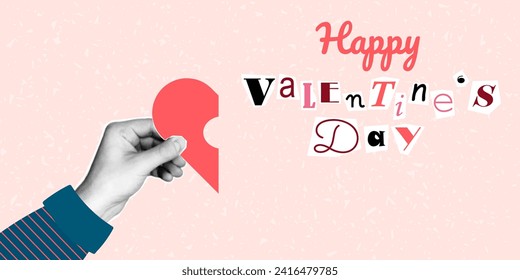 Banner Happy Valentine's Day lettering in ransom note text style. Collage paper cut letters, grunge vector clipart elements. Halftone collage of a hand holding a pink heart.