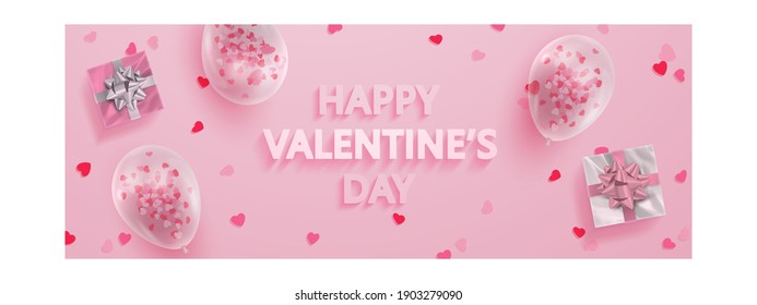 Banner for Happy Valentine's Day  with pink, silver gifts, transparent ballons, hearts confetti and 3d text on pink background. Vector Holiday illustration for decor, design, arts, advertising.