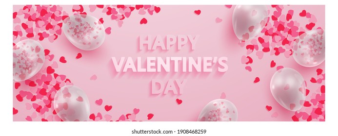 Banner for Happy Valentine's Day  with transparent ballons, red, pink hearts confetti and 3d text on pink background. Vector Holiday illustration for decor, design, arts, advertising.