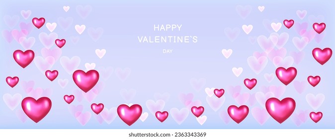 Banner happy Valentine`s day. Vector 3d hearts. Glowing hearts on blue background.Horizontal border with text space. Suitable for email header, post in social networks, advertising