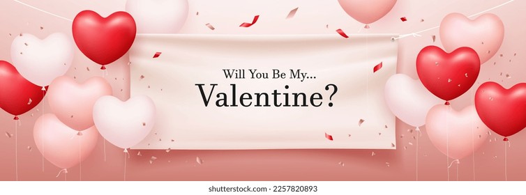 Banner Happy Valentine's Day, White curtains stretched on strings. red and pink, white balloon heart with ribbon design on pink background, Eps 10 vector illustration
