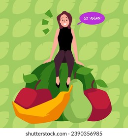 Banner with happy woman sitting on huge fruits and saying go vegan flat style, vector illustration isolated on green ornament background. Decorative design, vegan lifestyle, happy character