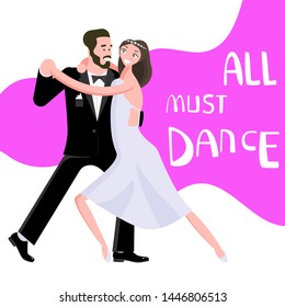 Banner happy young people dancing. All must dance dancing-party or latino studio poster. Flat Art Vector illustration