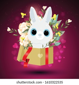 Banner hare in a box with peonies and yellow flowers. Gift box with flowers and ribbon. Spring design. Easter. Vector illustration.