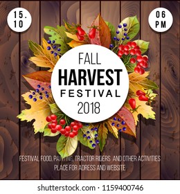 Banner for Harvest festival with autumn leaves on a wood background. Vector illustration