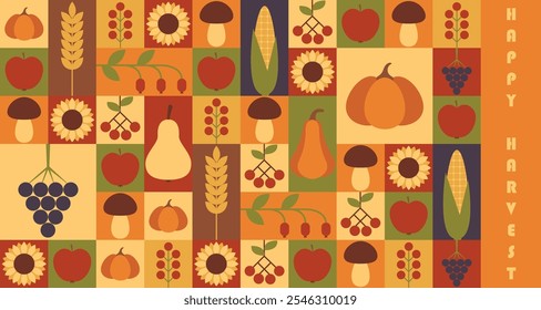 Banner for Harvest Festival celebration with modern abstract geometric Bauhaus pattern. Vector illustration