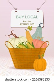 Banner for harvest sale market. With pumpkins and corn vertical. Autumn background A4. Buy local