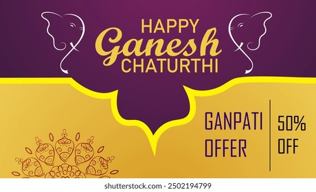 The banner has HAPPY GANESH CHATURTHI  white elephants a mandala and 50% OFF on a purple-yellow gradient