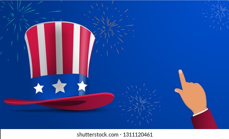 Banner with hat and pointing hand with empty space. Design for the feast of President's Day and Independence Day in USA. Greeting card, sale banner, wallpaper, poster, invitation. Vector illustration