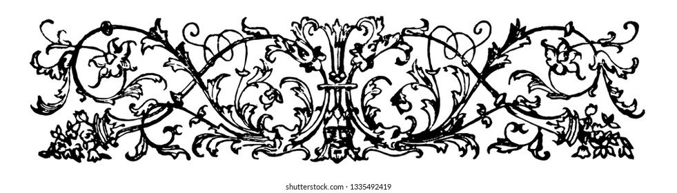 Banner have an ornate dividing picture, vintage line drawing or engraving illustration.