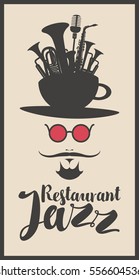 banner with the head of a mustachioed man with a cup and musical instruments for jazz restaurant