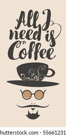 banner with the head of a mustachioed man with a cup of coffee