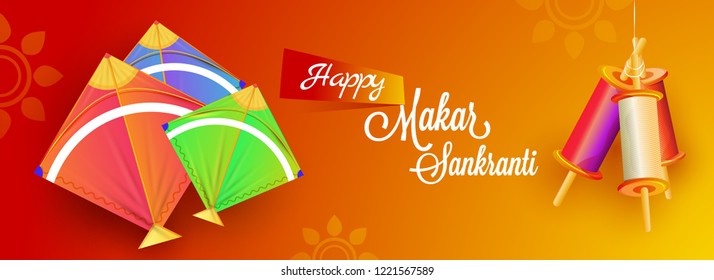 Banner or header design decorated with colorful kites and spool on orange floral background for Happy Makar Sankranti celebration.