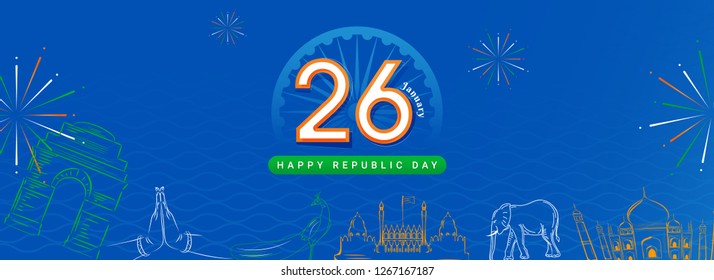 Banner or header design with illustration of Indian famous monuments and national bird in line art on blue abstract background for 26 January Republic Day celebration.