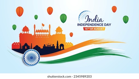 Banner or Header designed of 15th August Happy Independence Day of India, with stylish text, tricolor paint brush stroke, flying air balloon and famous monuments of India. Vector Illustration.