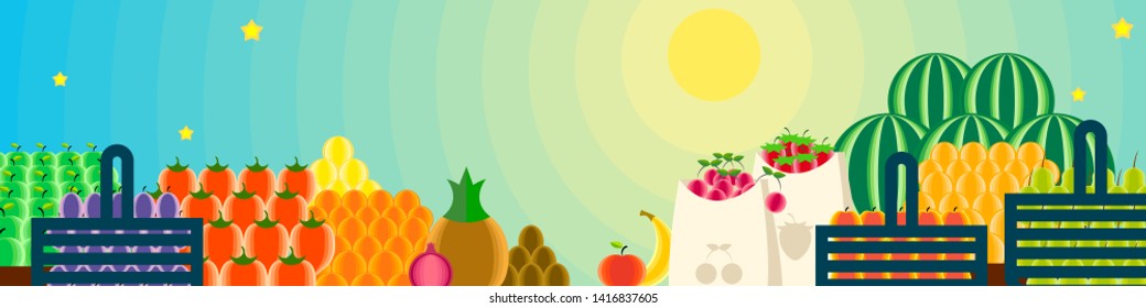 Banner or header. Local market fresh, juicy, organic and healthy fruit. Best harvest. Flat style vector illustration.