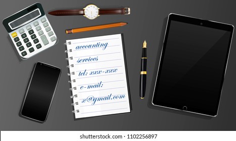 banner healistic worckplace with notebook, watch, pen, pencil, calculator, phone and tablet. Accounting service promotion advertising banner vector realistic 3d illustration