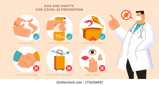 Banner for health care education about COIVD-19 prevention, with a professional doctor demoing 6 dos and don't to prevent transmission