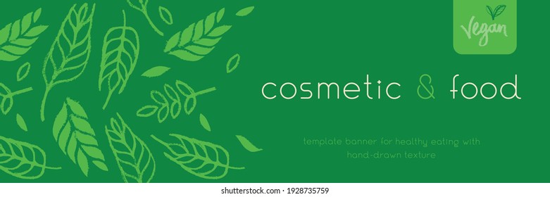 Banner healthy food. Template vegan banner. Hand-drawn grain crops pattern, bread grains icons. Vector fresh leaf background for bakery design, natural cosmetics, bread website vegetarian restaurant