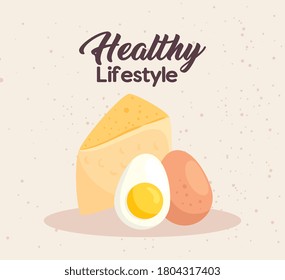 banner healthy lifestyle, cheese and eggs vector illustration design