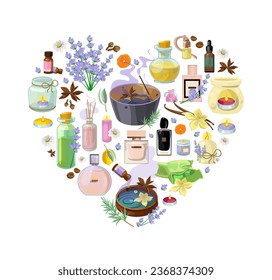 Banner of heart with collection of aromatic oils, air fresheners, see salts candles and perfume in a detailed style. Modern style of illustrations for aromatherapy studio and massage salons.