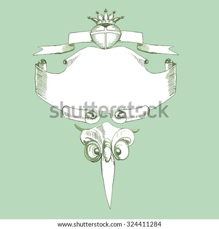 Banner with heart, crown and wise owl , on mint background, vector design element